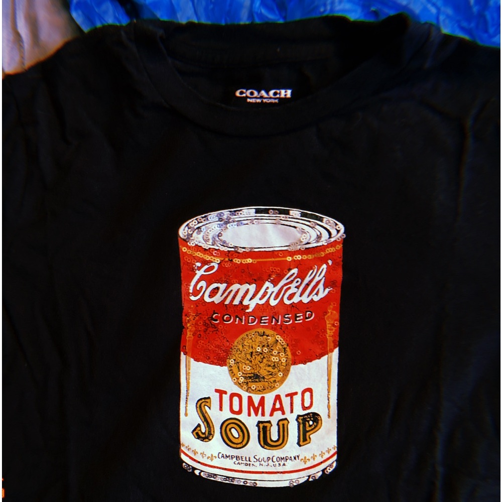 Black Coach Tee Shirt with Sequin Andy Warhol Campbells Soup Can Design - XS